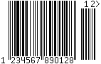 Kod kreskowy EAN-13, zakodowano cyfry 123456789012, suma kontrolna 8 z 2 dodatkowymi cyframi