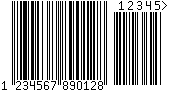 Kod kreskowy EAN-13, zakodowano cyfry 123456789012, suma kontrolna 8 z 5 dodatkowymi cyframi