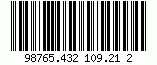 Kod kreskowy Leitcode, zakodowano cyfry 9876543210921, suma kontrolna 2